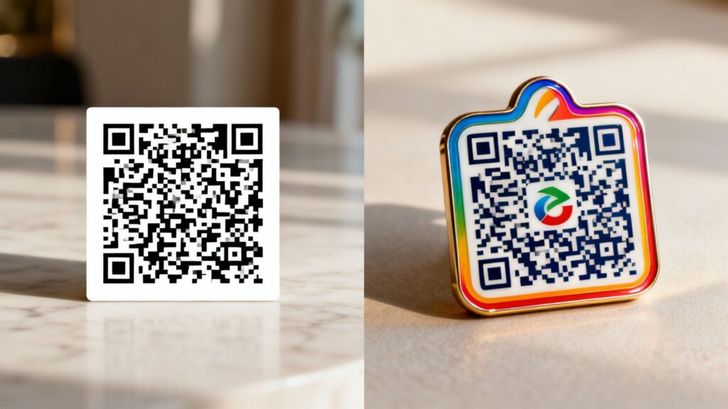 Various custom-shaped QR codes displayed on different marketing materials
