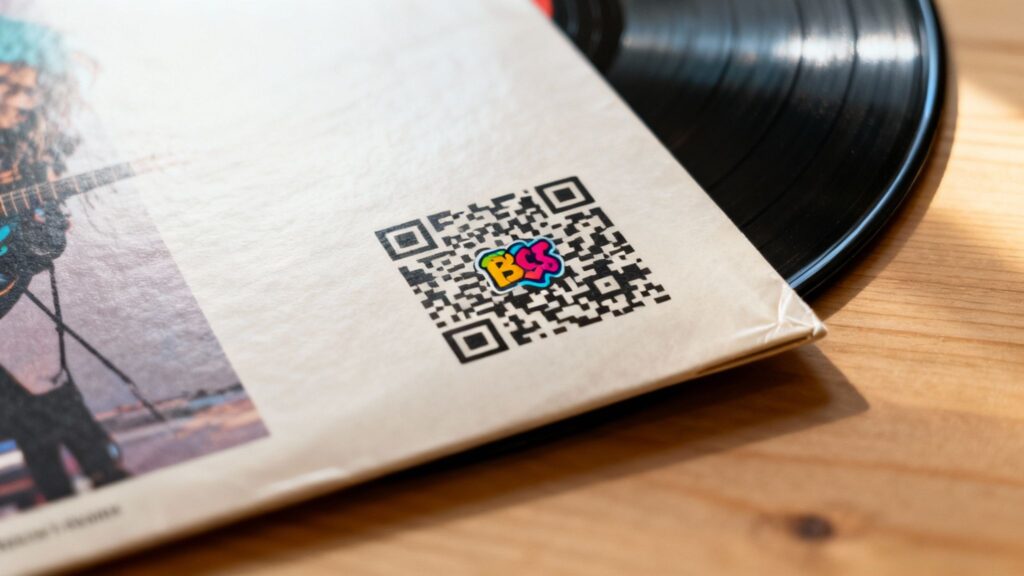 A visually striking, custom-designed QR code for music with a band logo in the center