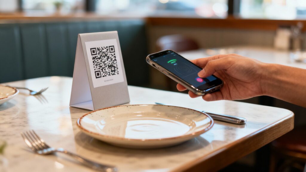 A smartphone scanning a QR code on a coffee cup, illustrating the choice between static and dynamic codes.