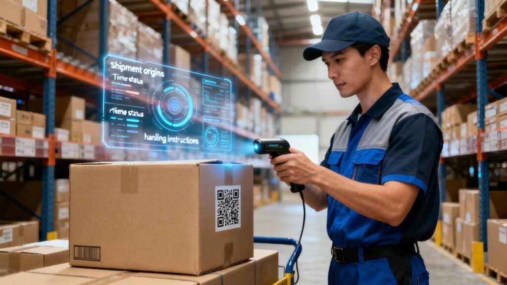 A warehouse worker scanning a QR code on a box in a logistics environment