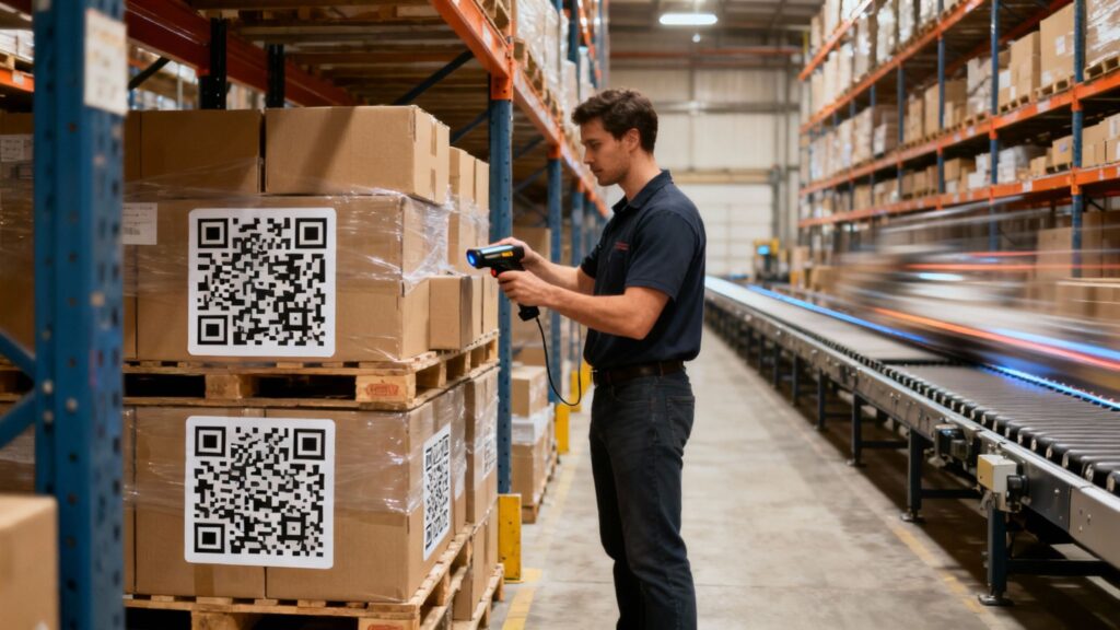 Scan a QR code on a pallet with a handheld device