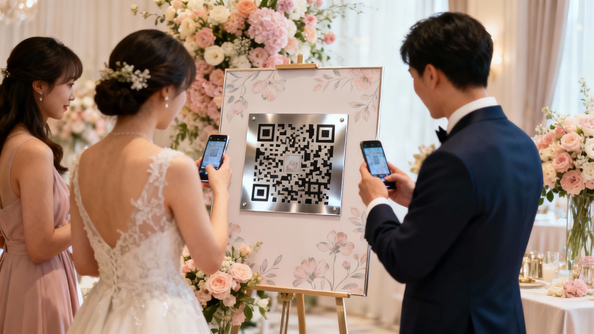 A close-up of a smartphone scanning a QR code for sharing photos from a wedding thank you card.