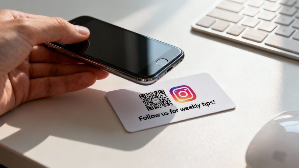 People scanning a QR code on a business card to follow an Instagram profile