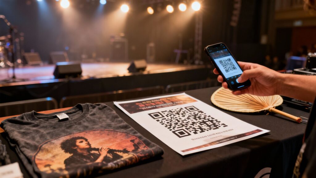 A musician's merch table with t-shirts and flyers featuring a prominent QR code.