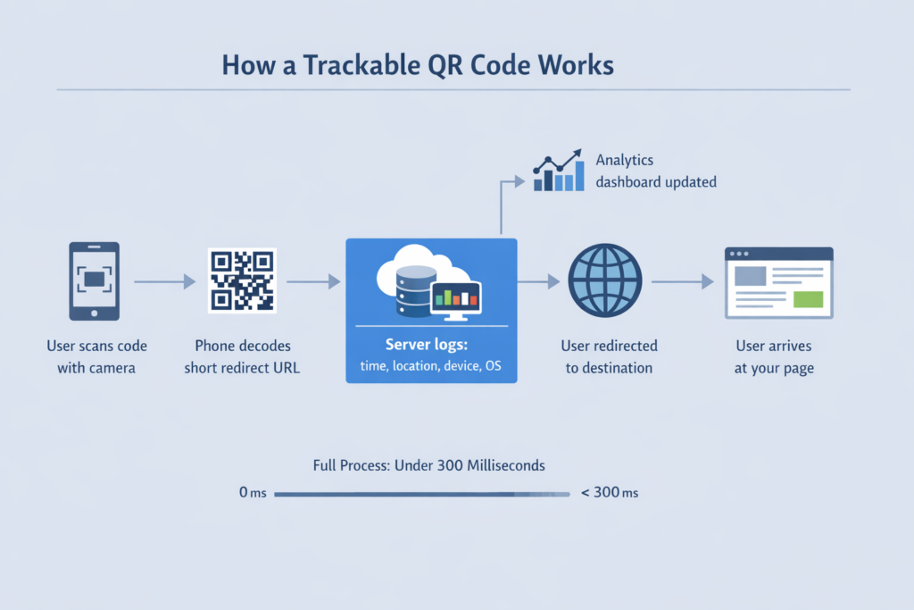 Diagram showing how a trackable QR code works with redirect server logging scan data before sending user to destination URL