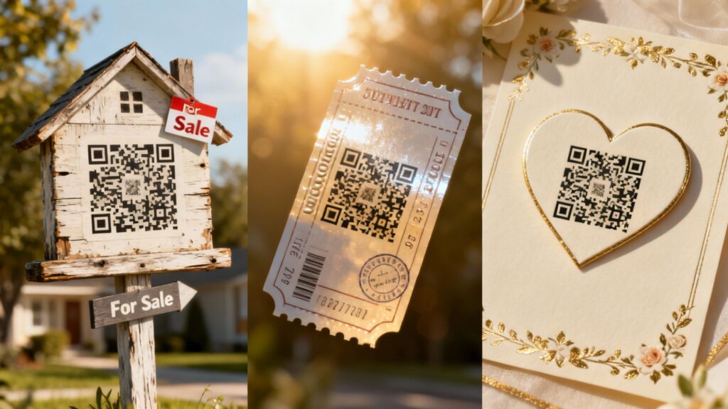 A collage of custom-shaped QR codes, including a house-shaped one on a 'For Sale' sign and a heart-shaped one on a wedding invitation.