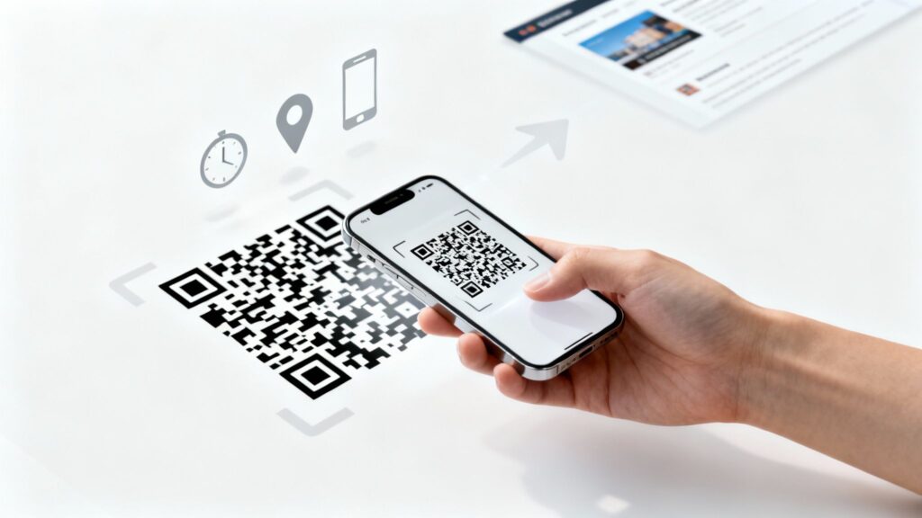 A smartphone scanning a QR code on a product tag, with data icons overlaid to represent tracking analytics.