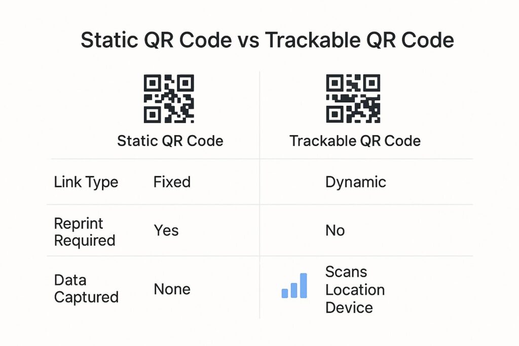 Infographic comparing the features of static vs trackable QR codes, showing that trackable codes have dynamic links, require no reprinting, and capture scan data.