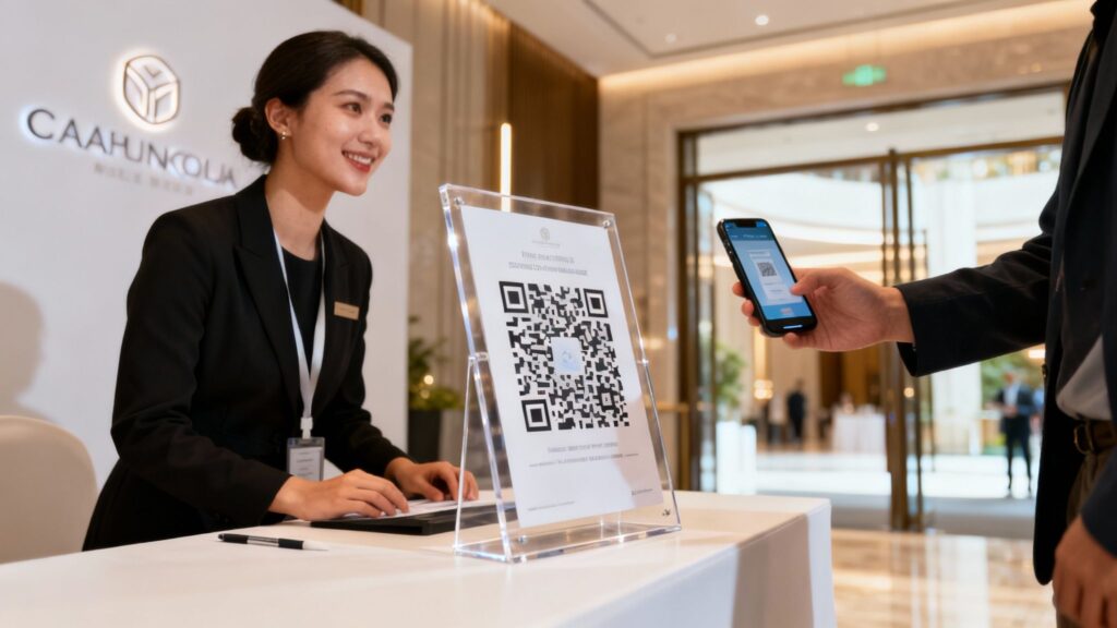 Professional receptionist helping visitor scan QR code for event registration at modern hotel lobby desk