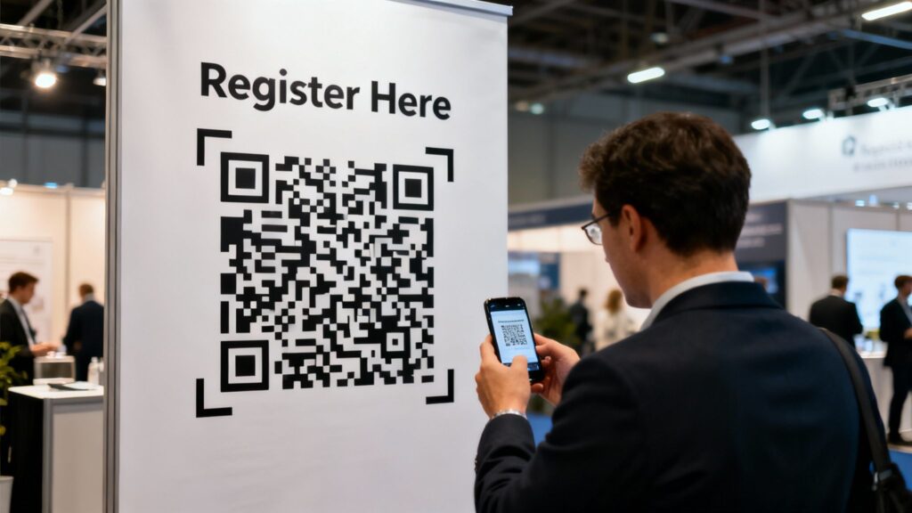 Professional scanning QR code on registration banner at business conference event