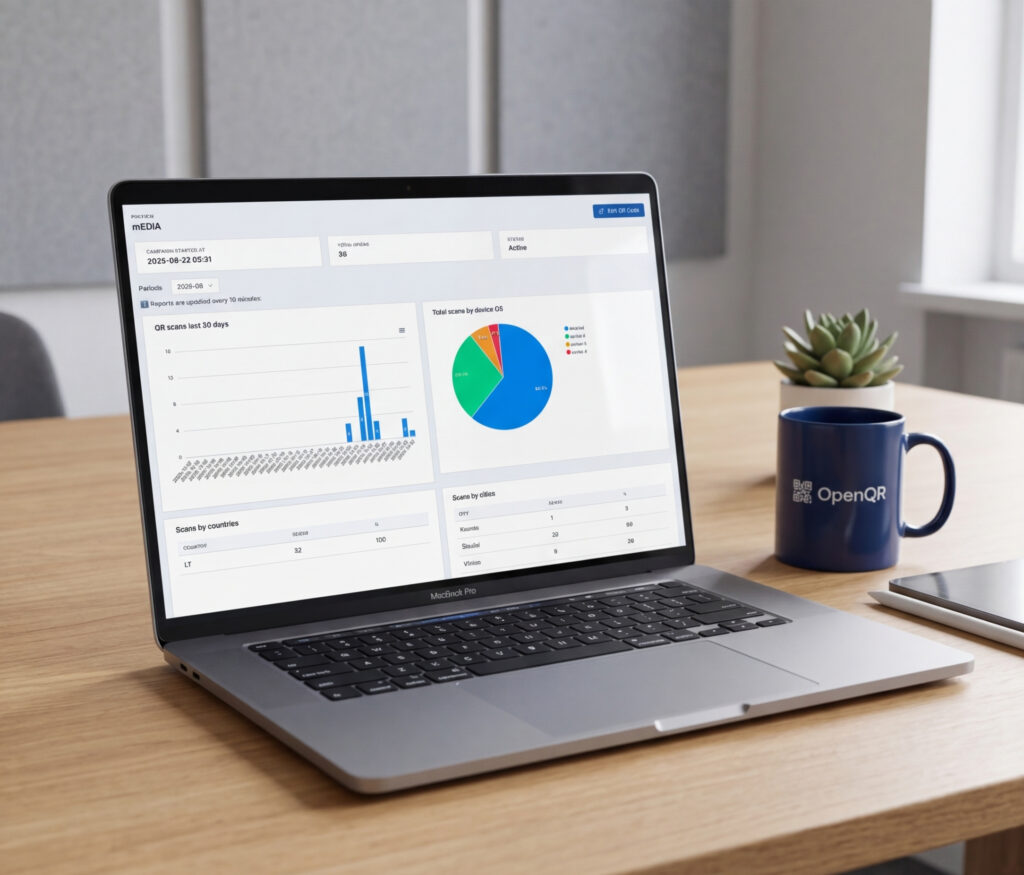 OpenQR analytics dashboard showing business card QR code scan data with total scans, location map and scan time chart after a networking event