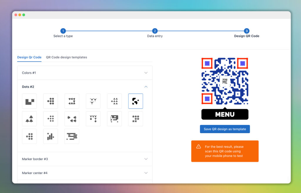 OpenQR dashboard showing PDF QR code creation for a restaurant menu with branded design options