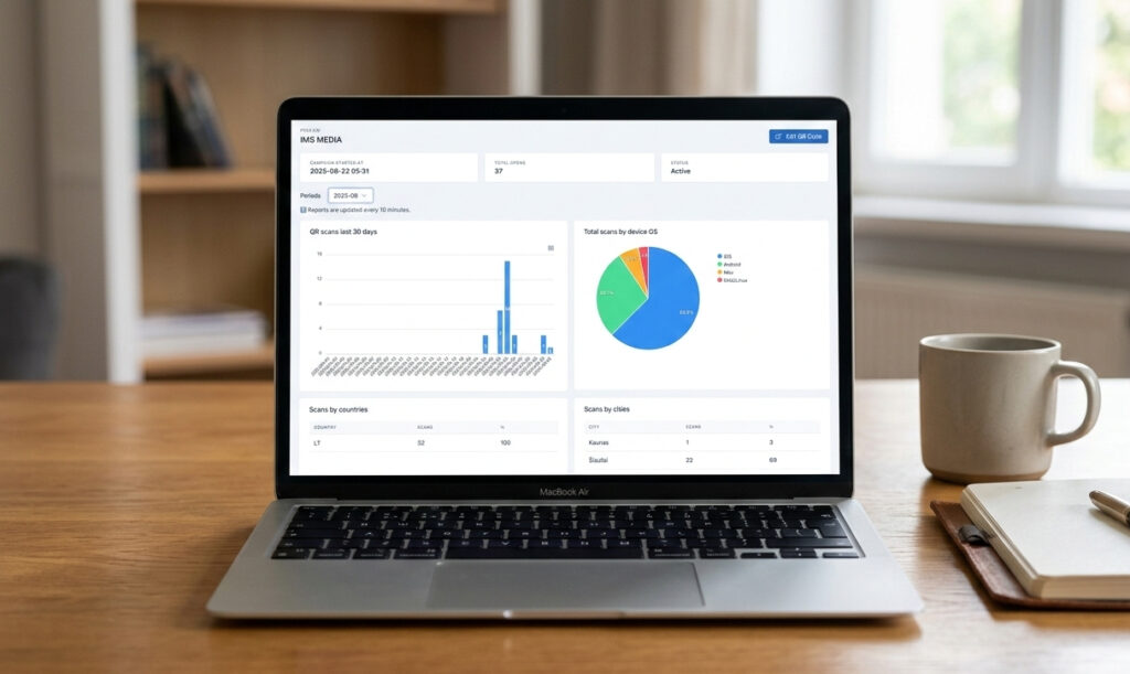 OpenQR analytics dashboard showing QR code scan tracking data including location, device type and scan count