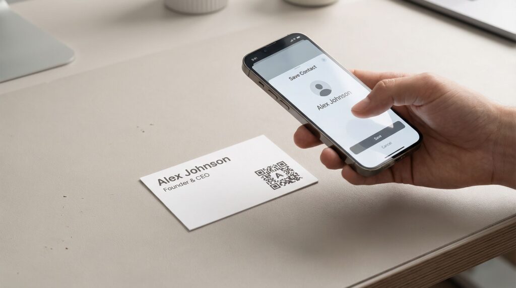Professional business card with a branded QR code in the corner held above a desk while a hand holds a smartphone scanning it to save contact details