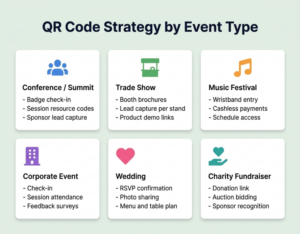 Guide showing QR code use cases by event type including conference trade show music festival corporate event wedding and charity fundraiser