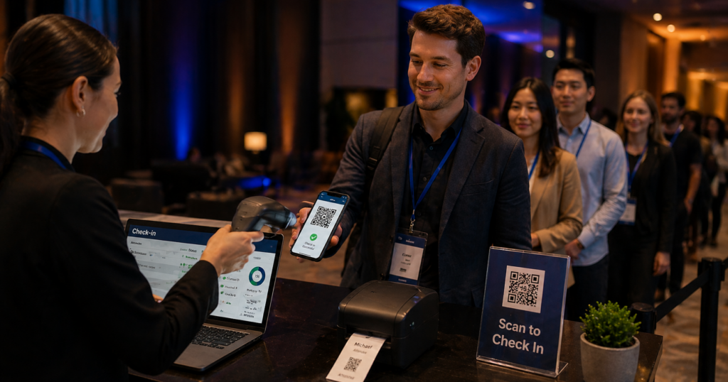 Event organiser scanning a QR code badge at a conference check-in desk with a queue of attendees arriving in the background