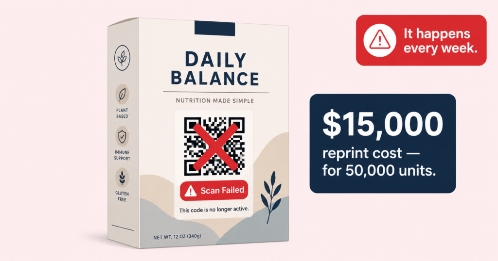 Expired QR code on product packaging showing error — the cost of QR code subscription expiry on printed labels and boxes
