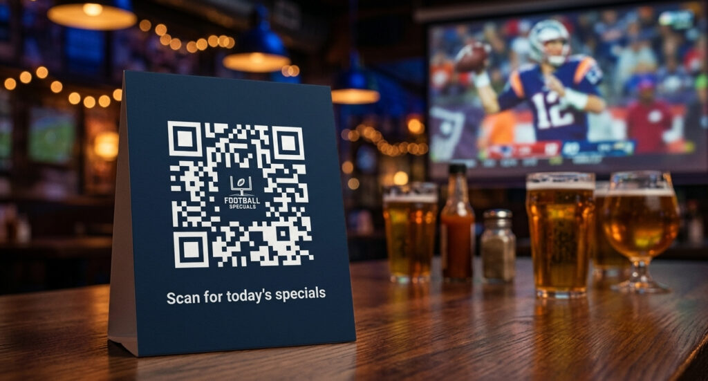 QR code on a table tent in a busy sports bar with football match on screen in background