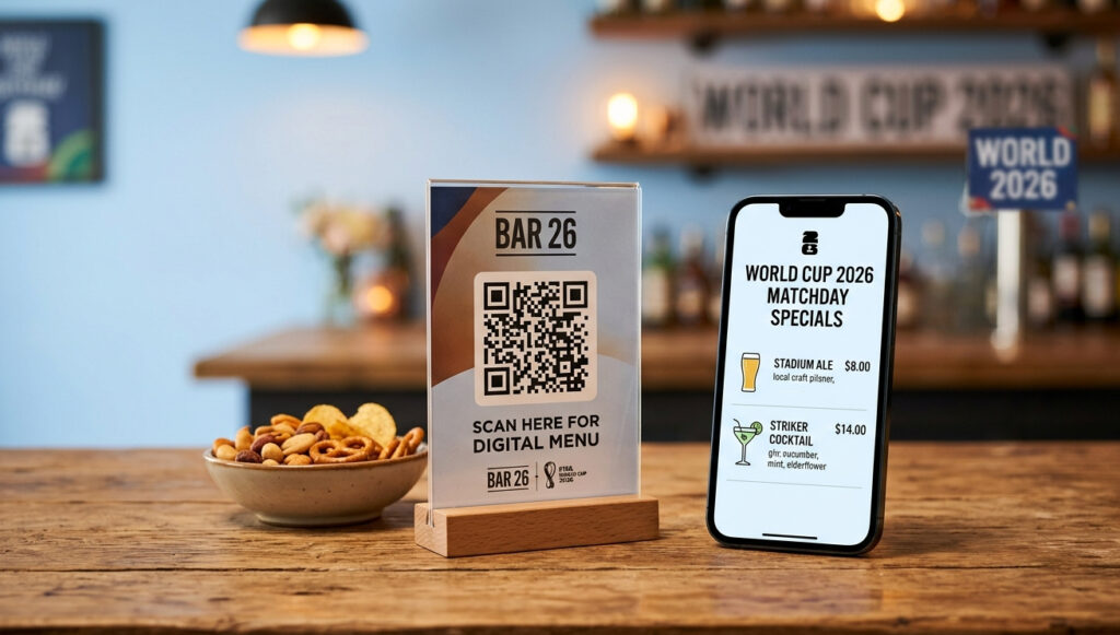 Sports bar table with QR code table tent showing a World Cup 2026 matchday specials landing page on a nearby smartphone screen