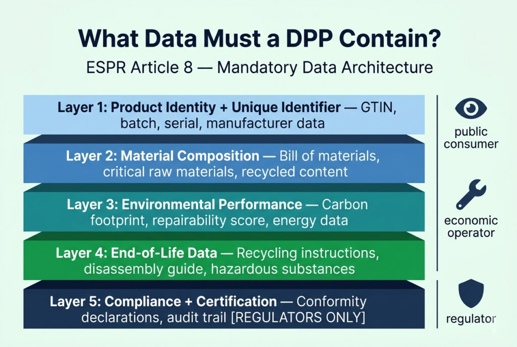 EU Digital Product Passport data structure - 5 mandatory layers: product identity, material composition, environmental performance, end-of-life, compliance records