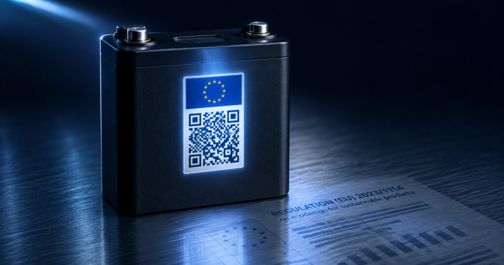 EU Digital Product Passport QR code on product packaging — ESPR regulation compliance concept with February 2027 battery deadline