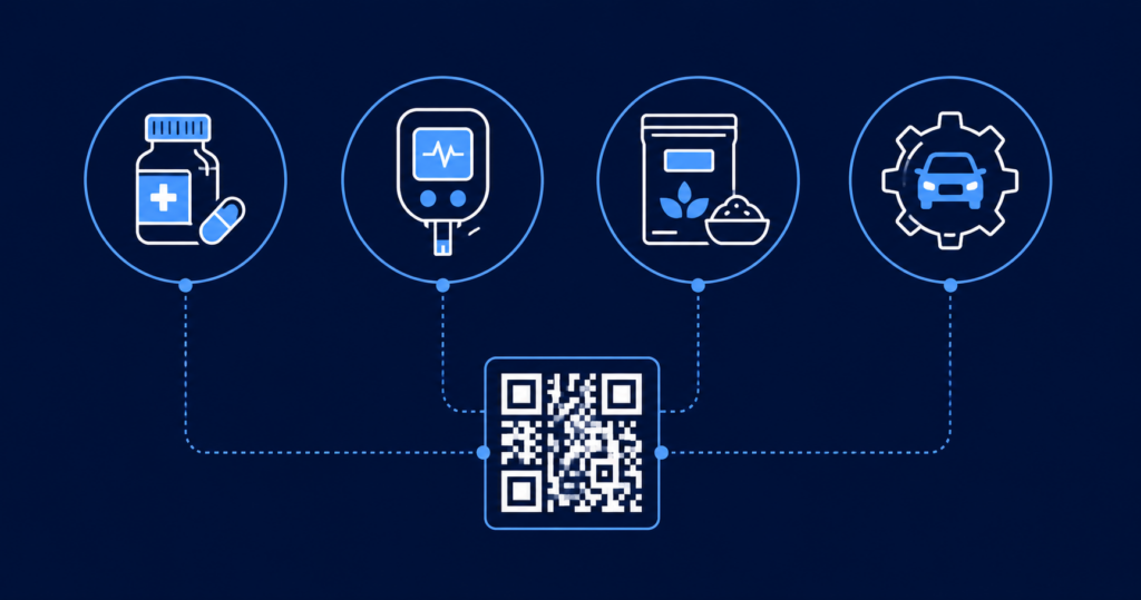 GS1 QR code compliance overview across pharma, medical, food, and automotive industries