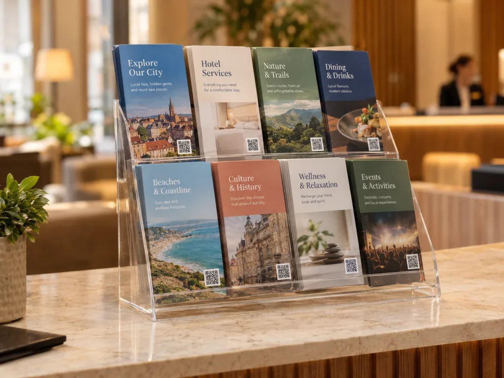 Brochures with QR codes in a display rack