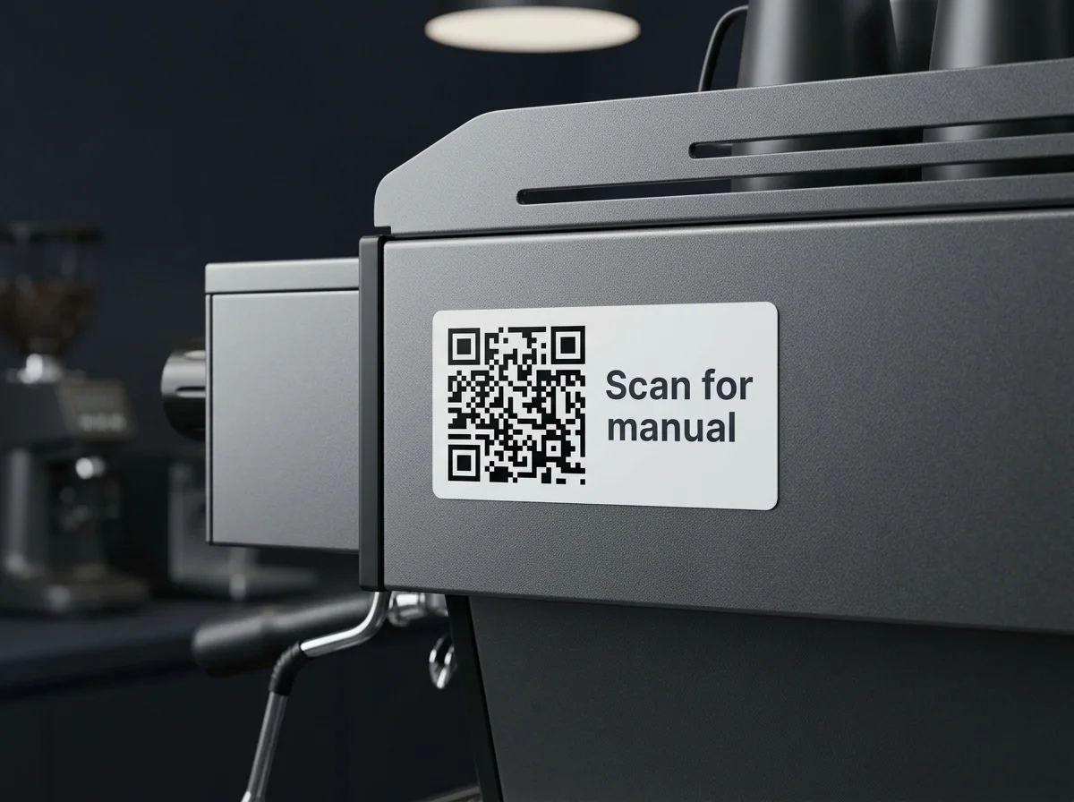 QR code label on equipment linking to a PDF manual