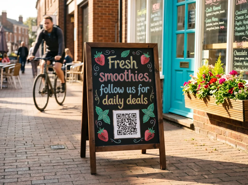 QR code on an A-board outside a shop
