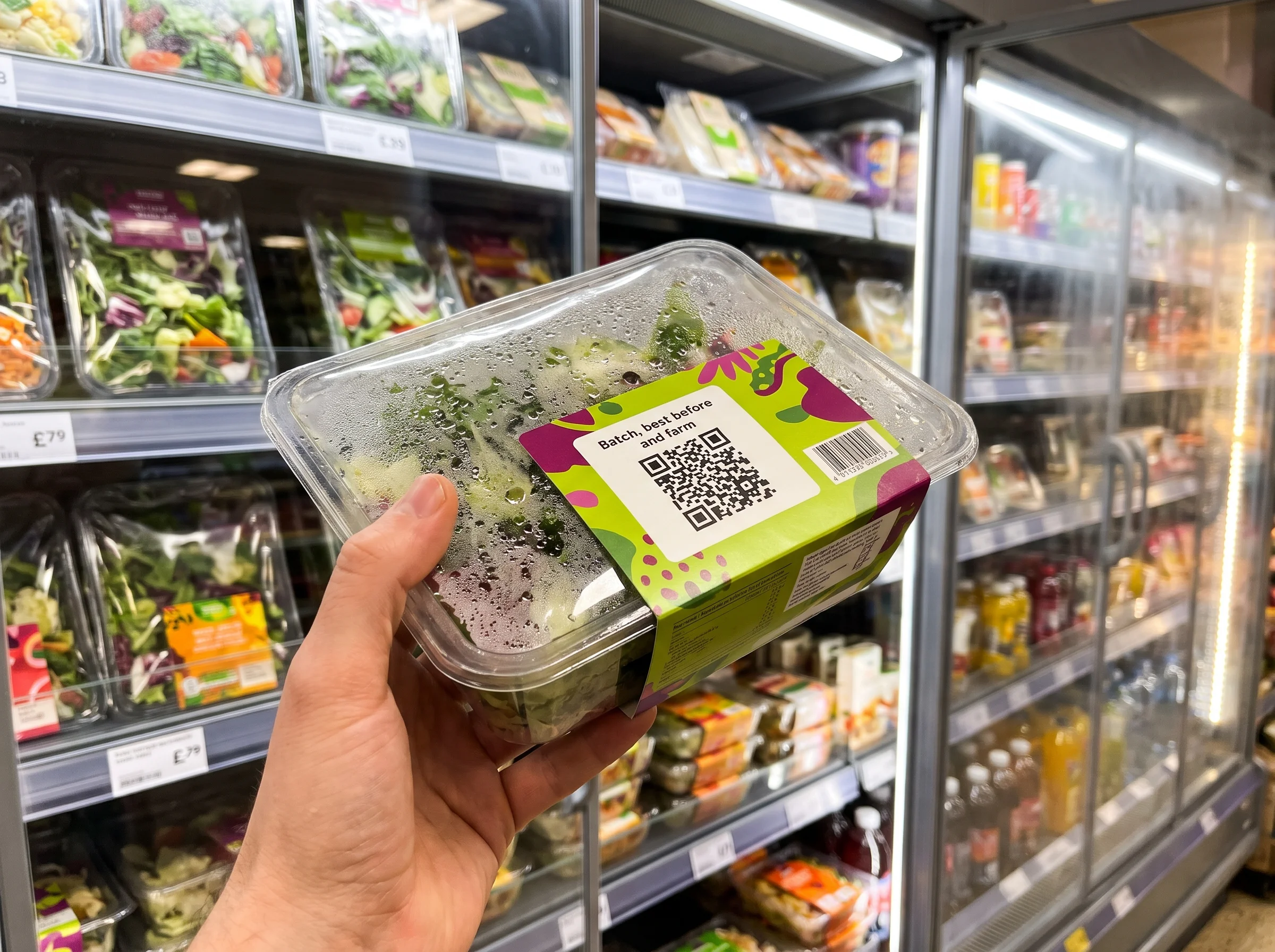 QR code on a chilled food pack in a supermarket fridge