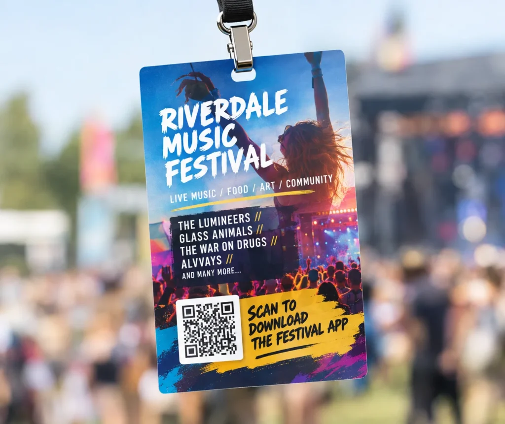QR code on a festival ID badge
