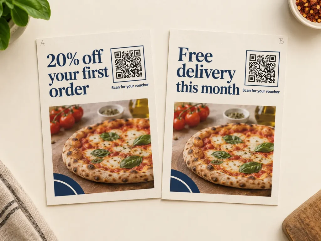 QR code on a promotional flyer with a discount offer