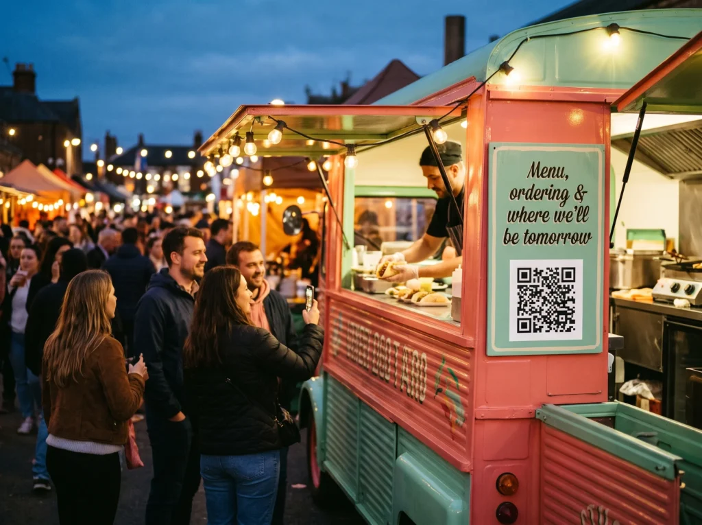 QR code on a food truck beside the serving hatch