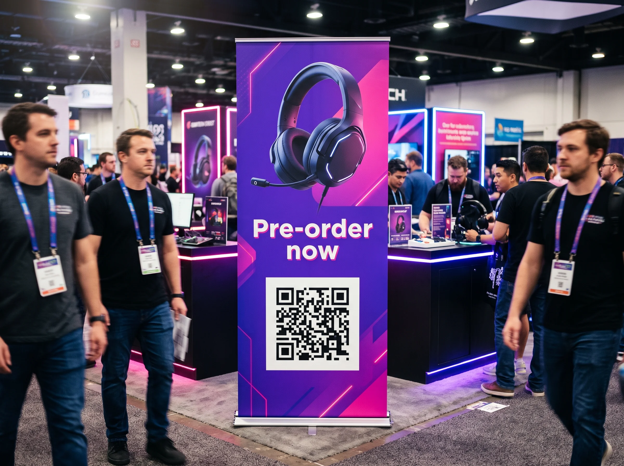 QR code on a roll-up banner at a trade show