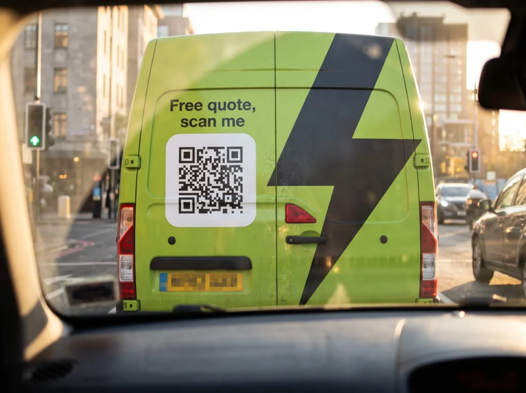 QR code on the rear doors of a tradesman's van