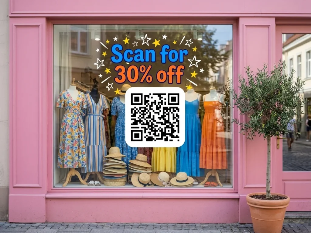 QR code window decal on a boutique shop window