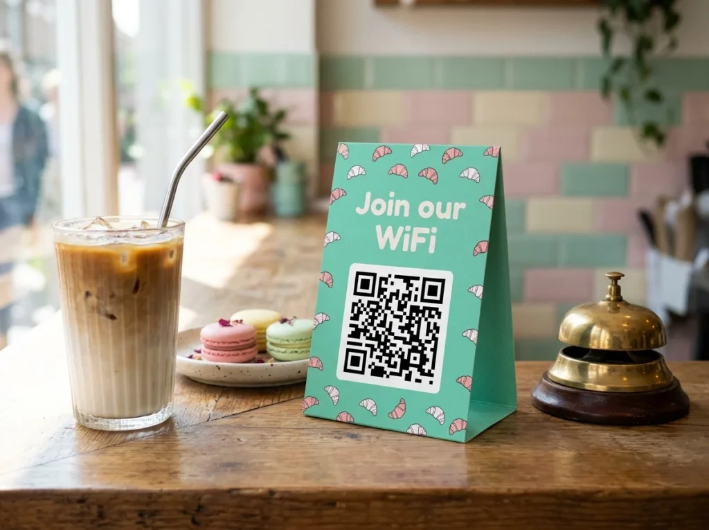 QR code on a café table tent next to a coffee cup