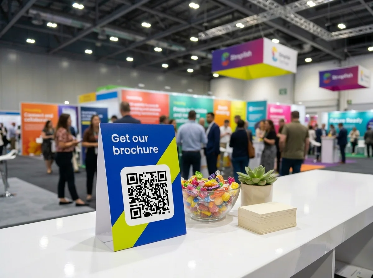 QR code on a table tent at a conference stand
