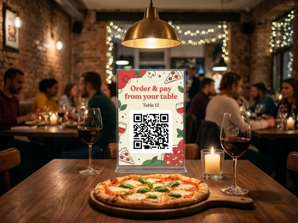 QR code on an acrylic table tent in a restaurant