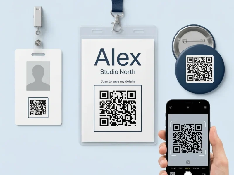 QR codes on badges: a conference badge, a staff ID badge and a pin button