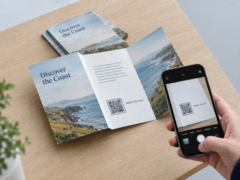 QR code on the inside flap of an open trifold brochure