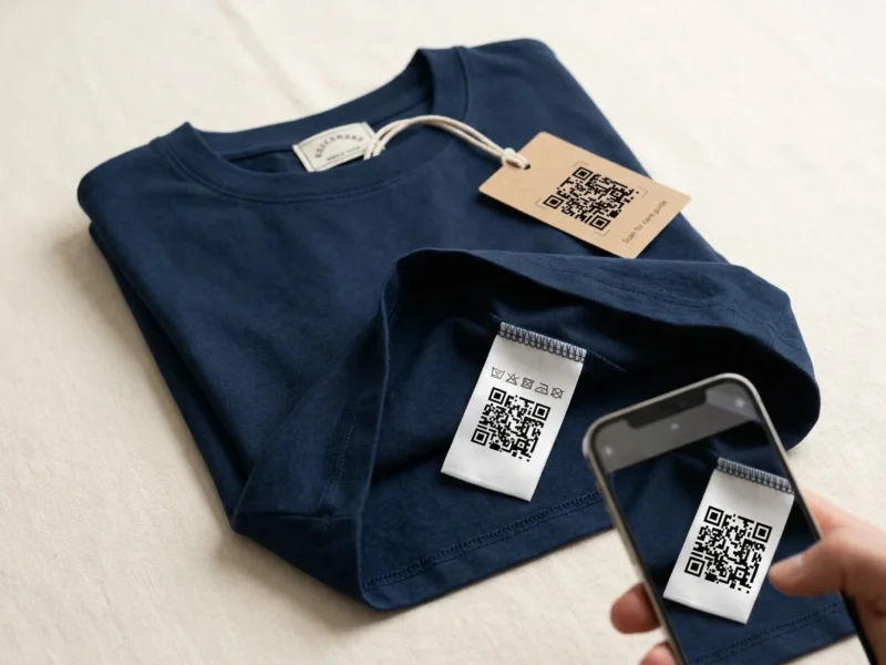 QR codes on clothing: a care label, a hang tag and a woven neck label