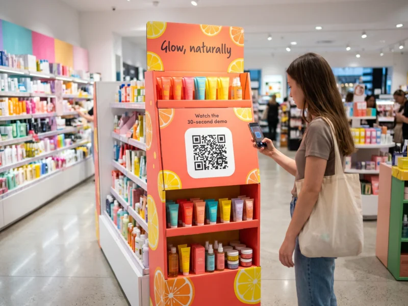 QR code on a colourful floor display in a shop aisle