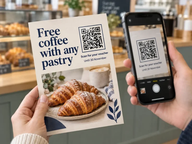 QR code on an A5 promotional flyer held in a hand