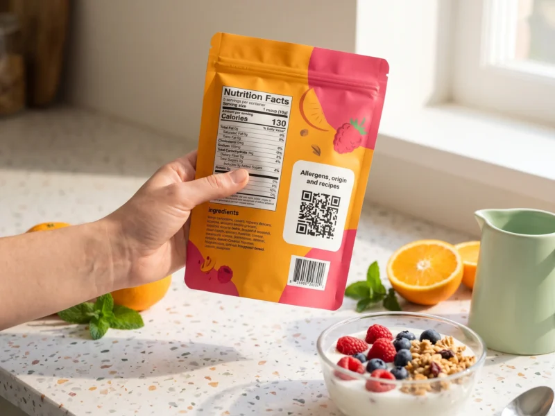 QR code on the back of a granola pack next to the allergen information