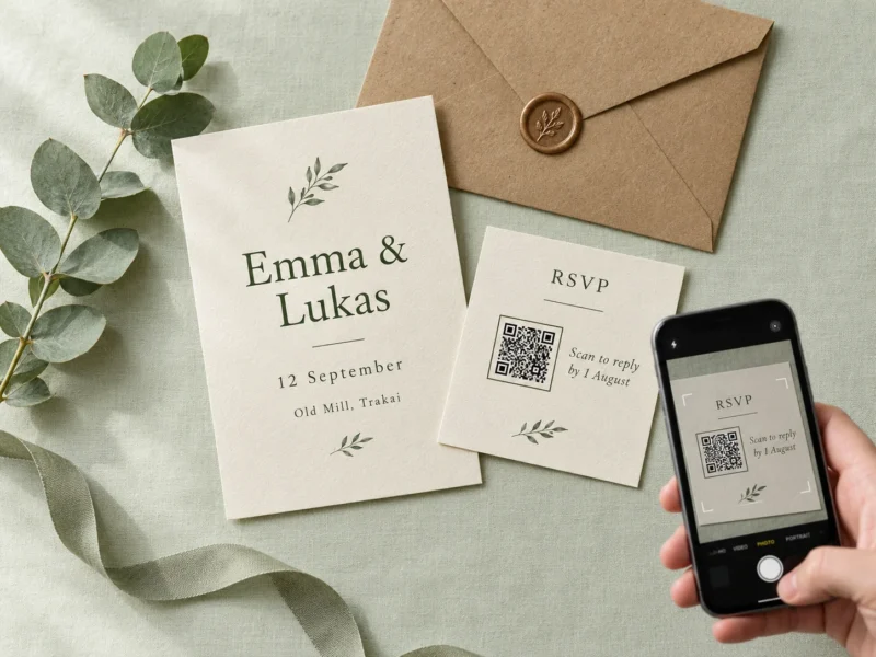 Wedding invitation suite with a QR code on the RSVP card