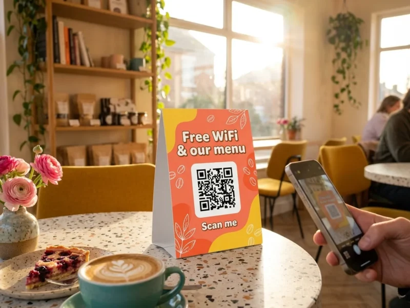 QR code on a colourful table tent on a café table
