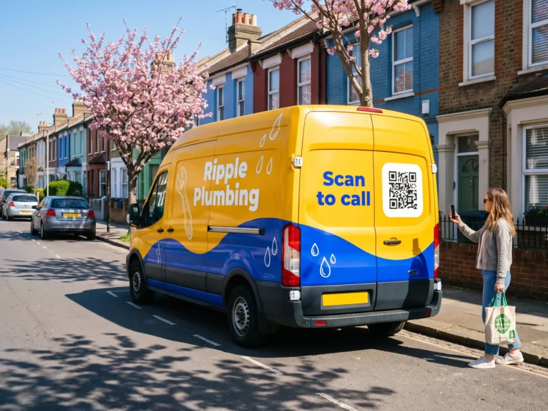 QR code on the rear doors of a colourful tradesman's van